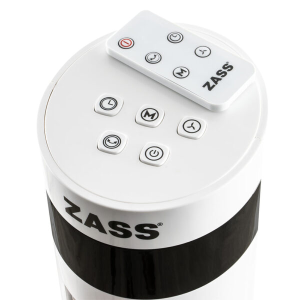 Ventilator turn Zass ZTF 02, 50W, 3 trepte de viteza, temporizator digital, display LED, temperatura ambient, telecomanda, Alb