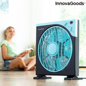 Ventilator de podea Box InnovaGoods, 50 W, Temporizator, trei trepte de viteza, diametru 30 cm, Albastru