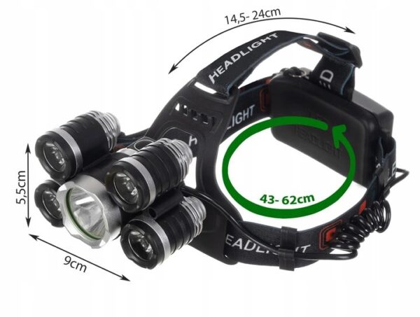 Lanterna frontala de cap, 5 LED-uri CREE, 4 moduri iluminare, acumulator, unghi reglabil de inclinare