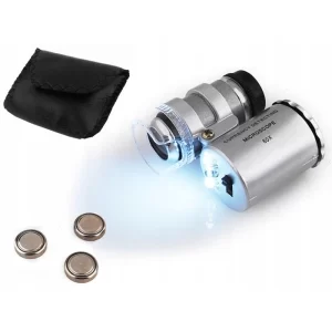 Microscop de buzunar 60X lumina LED si UV, husa din piele ecologica