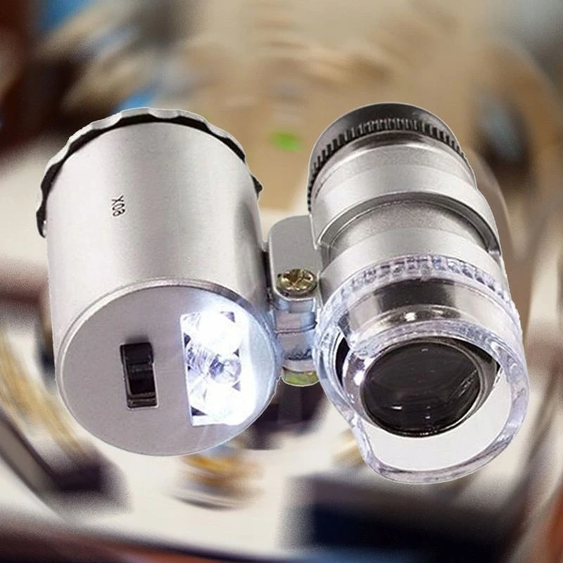 Microscop de buzunar 60X lumina LED si UV husa din piele ecologica 3