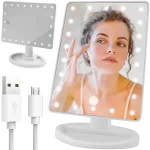 Oglinda pentru machiaj si tratamente cosmetice cu 22 LED-uri, reglabila, suport, alba