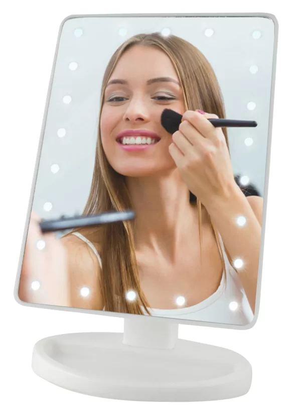 Oglinda pentru machiaj si tratamente cosmetice cu 22 LED-uri, reglabila, suport, alba