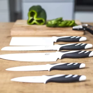 Set de 6 cutite profesionale Cecotec Swiss Chef, lame din otel inoxidabil si ceramica, manere confortabile cu insertii din silicon, Alb Negru