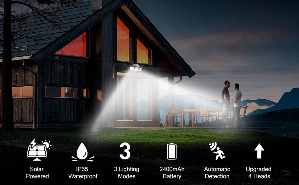 Lampa solara de perete MustWin cu 4 panouri senzor de miscare 1400 lm LED 182 leduri 3 moduri incarcare solara si 5