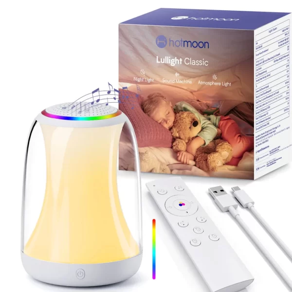 Lampa de veghe 2 in1 Hotmoon, RGB-W, Luminozitate reglabila, Control Touch, Telecomanda, Muzica, White Noise, USB-C