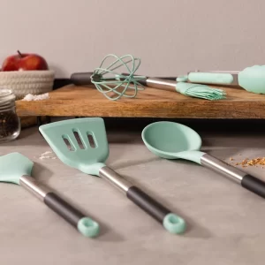 Set 9 ustensile Cecotec Polka Experience de bucatarie din silicon termorezistent, maner din Inox, albastru pastel