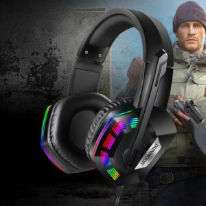 Casti gaming Dunmoon High Tech cu fir, iluminare RGB, sunet clar, microfon ajustabil, negru