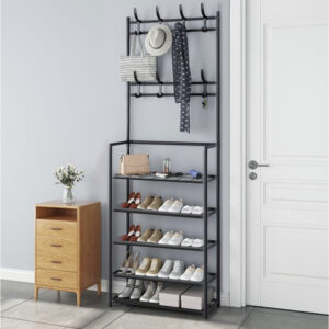 Cuier cu 5 rafturi pentru incaltaminte, 8 carlige, metalic, negru, 79 x 25 x 170 cm, negru