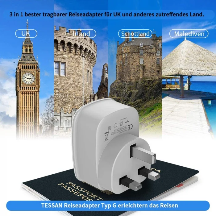 Adaptor priza Marea Britanie, Europe to UK, Tessan TS-611, EU - UK, 2 x USB - 2,4A, 10A