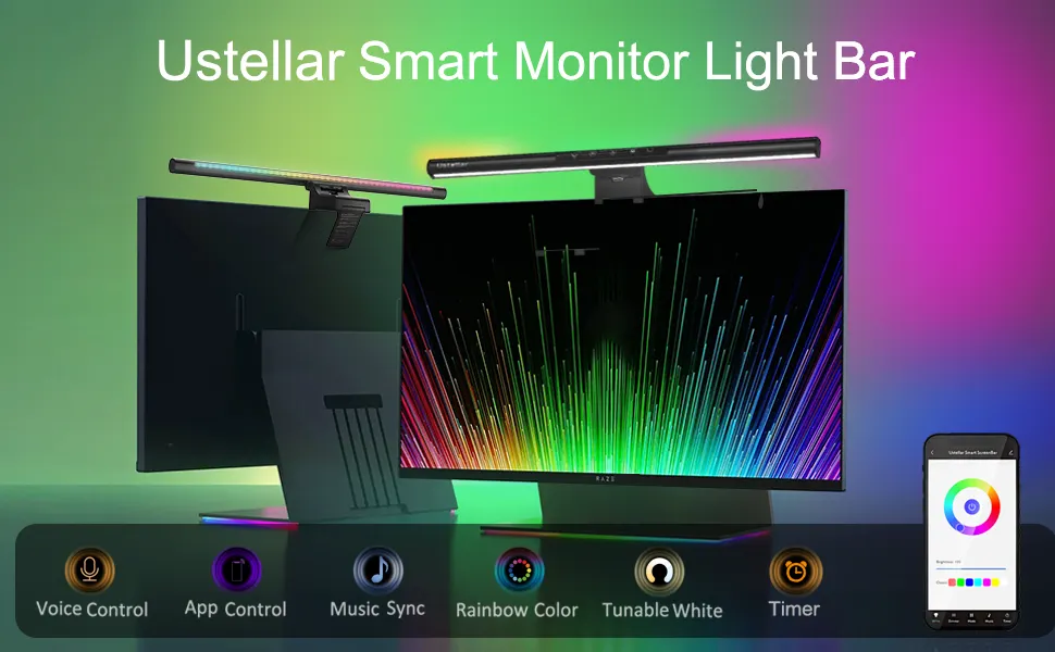 Lampa pentru monitor Ustellar RGBIC Wi-Fi Smart LED, 10W, aluminiu, Sincronizare muzica, Tuya Smart Life