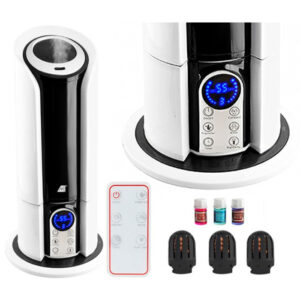 Umidificator de aer cu functie de Ionizare si Aromaterapie, rezervor 5 l, panou tactil, higrometru, telecomanda, timer, iluminare ambientala, 3 uleiuri esentiale incluse, 300ml/h, 25W, Alb