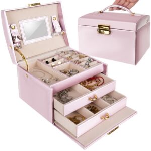 Cutie pentru bijuterii satinata Beautylushh, 3 sertare, inchidere cheie, roz