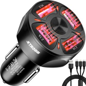Incarcator auto 4 x USB cu cablu 3 in 1, Quick Charge 3.0, porturi multiple, compatibil universal, Negru