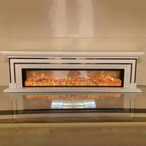 Semineu Electric Majestic Gold XXL, 180 x 60 cm x 32 cm, Lemn Masiv Stejar Alb cu Insertii Aurii, Flacara 3D si Jar incandescent, Telecomanda, Timer, 1500W, Alb