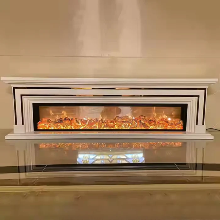 Semineu Electric Majestic Gold XXL, 180 x 60 cm x 32 cm, Lemn Masiv Stejar Alb cu Insertii Aurii, Flacara 3D si Jar incandescent, Telecomanda, Timer, 1500W, Alb
