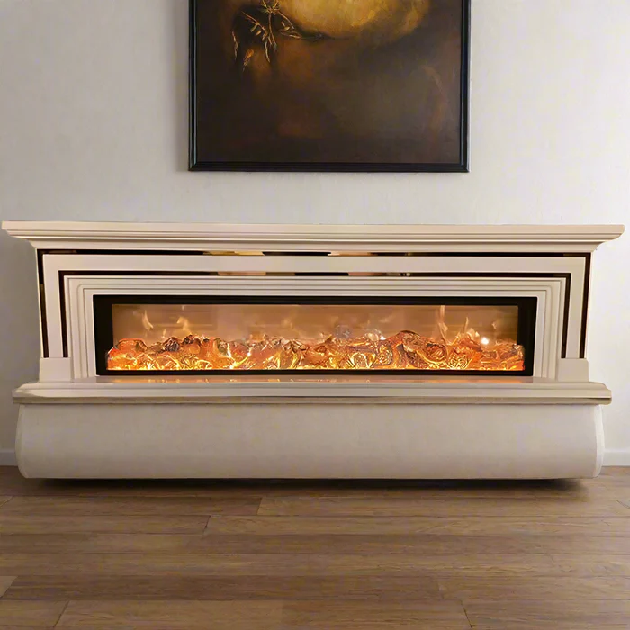 Semineu Electric Majestic Gold XXL, 180 x 60 cm x 32 cm, Lemn Masiv Stejar Alb cu Insertii Aurii, Flacara 3D si Jar incandescent, Telecomanda, Timer, 1500W, Alb