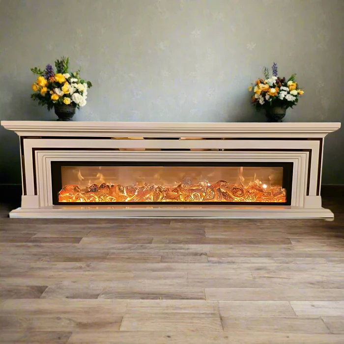 Semineu Electric Majestic Gold XXL, 180 x 60 cm x 32 cm, Lemn Masiv Stejar Alb cu Insertii Aurii, Flacara 3D si Jar incandescent, Telecomanda, Timer, 1500W, Alb